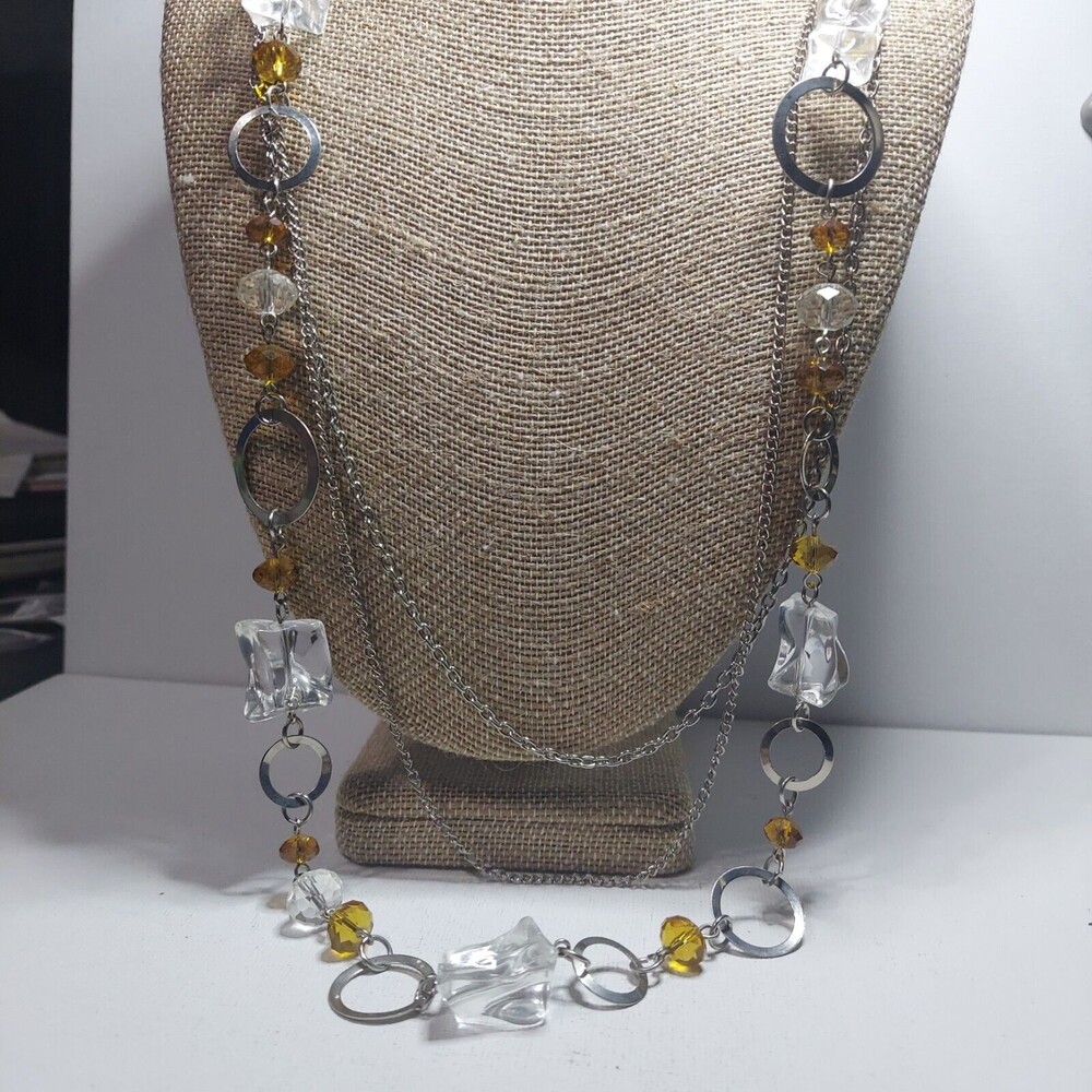 Necklace Clear amber beads chain metal rings 28-32"